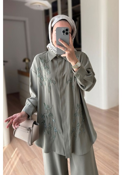 Ka Hijab Boncuk İşlemeli İkili Takım - Haki