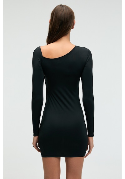 Grımelange LUKKID Kadın Esnek Kumaşlı Asimetrik Yakalı Slim Fit Siyah Elbise
