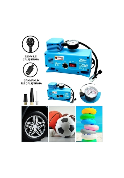 220 Volt-12 Volt 250 Psi Geniş Uygulama Yelpazesi Kompresör Lastik Hava Şişirme Oto Pompası