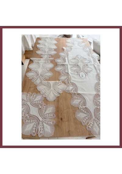 Storeşahin Salon Takımı Çeyizlik Krem Runner Set 5 Parça Keten Ranır Masa Konsol Sehpa Örtüsü Lavinya Shn0720