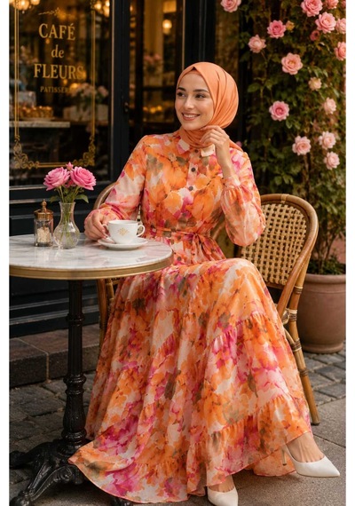 Hb Harma Time Butik Kadın Düğmeli Desenli Modal Kumaş Turuncu Elbise Orange Orange