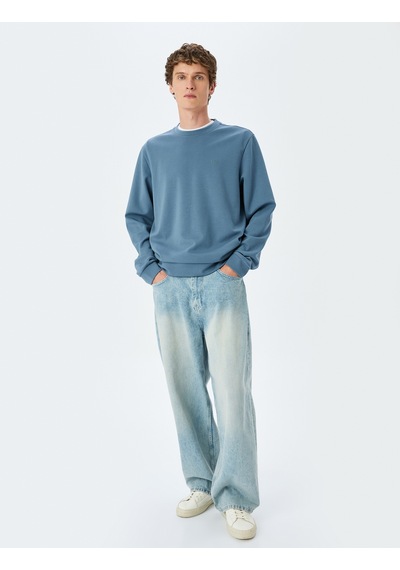Koton Bisiklet Yaka Basic Pamuk Karışımlı Minimal Baskılı Sweatshirt Mavi 5sam70004mk Mavi