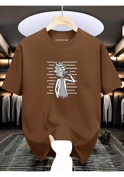 Adam Baskılı Oversize Siyah T-shirt Kahverengi
