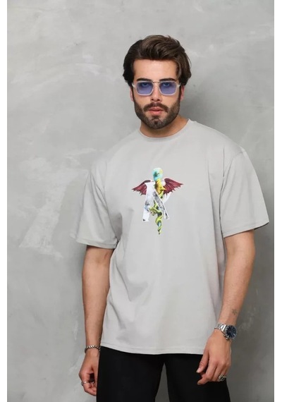 Efnaz Style Unisex Bisiklet Yaka Baskılı Oversize T-shirt - Gri