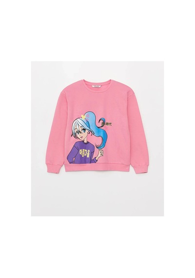LC Waikiki Lcw Kids Bisiklet Yaka Baskılı Uzun Kollu Kız Çocuk Sweatshirt Pembe