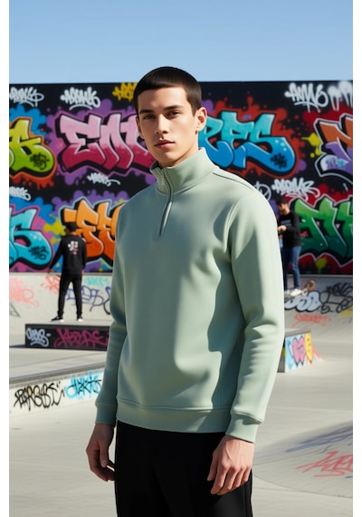 Benerly Erkek Dik Yaka Fermuarlı Standart Kol Regular Kalıp Sweatshirt Fo Mint