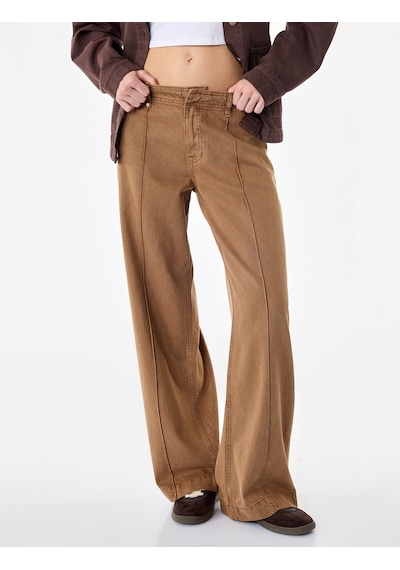 Koton Standart Bel Regular Fit Düğmeli Nervürlü Düz Paça Pantolon - Culotte Jeans Kahverengi 7wal40044mw Kahve