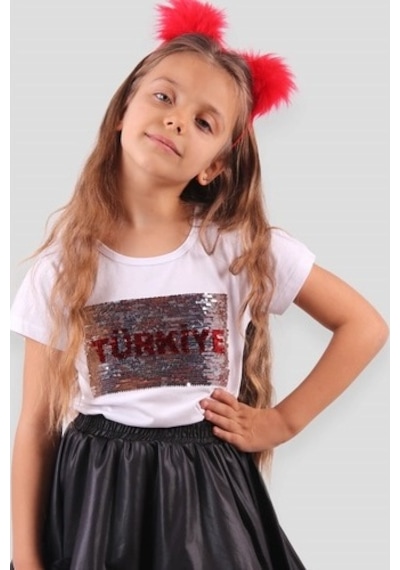 Breeze Kız Çocuk Tişört Pullu Ay Yıldızlı Beyaz (4-14 Yaş)