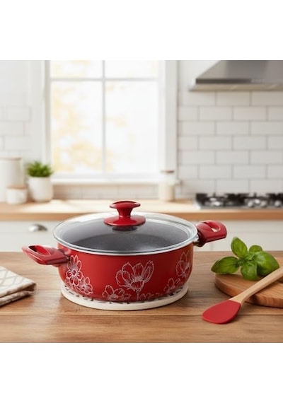 Lotus 22 Cm Derin Tencere - Kırmızı Üzeri Beyaz Çiçek Desenli Cam Kapaklı 12v