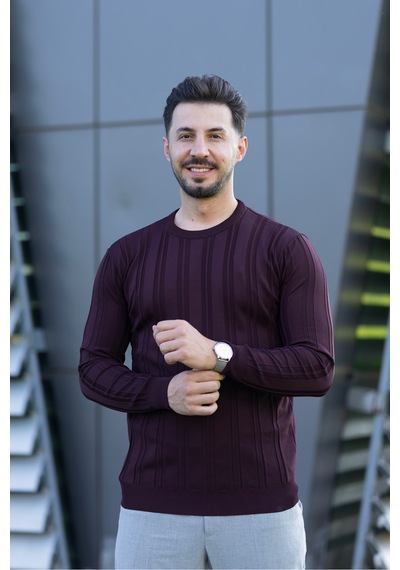 Hk Premium Kazak Fitilli Bisiklet Yaka Slim Fit Triko Bordo