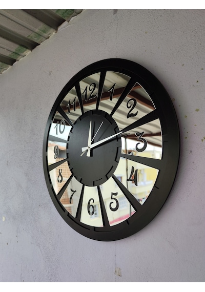 AA Shop Siyah Renk Gümüş Sayılı Hediyelik Ahşap Dekoratif Farklı Desenli Ev Hediyelik Duvar Saati 50cm