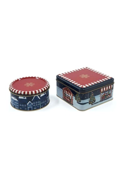 Winter Desenli 2'li Metal Saklama Kabı Seti, 1,9 Lt + 1,1 Lt