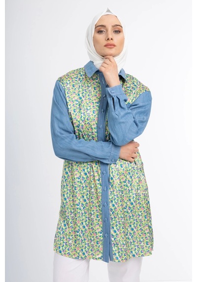 Pureva Taş İşlemeli Tencel Ve Desen Kumaşlı Tunik - Desen - 3 Çok Renkli