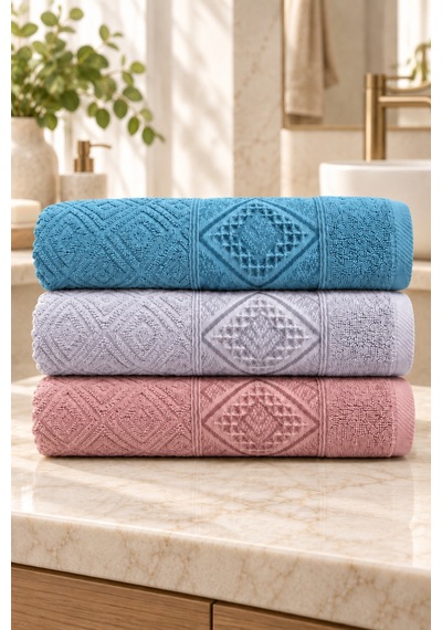 Elmas Motifli El Yüz Havlusu 50x90 Cm 3 Lü Set %100 Pamuk - Pastel Breeze Çok Renkli