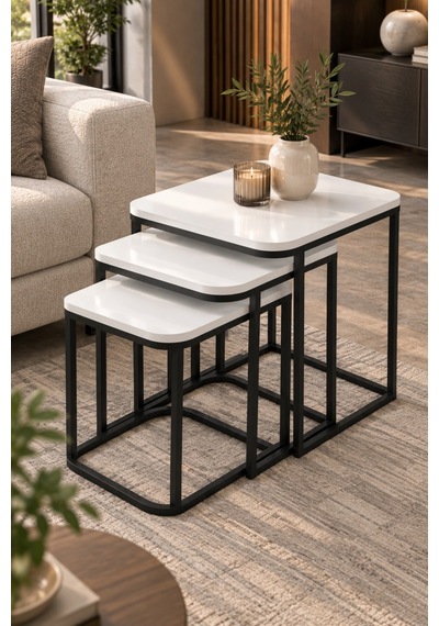 Sulorahome Beyaz 3'lü Kare Zigon Sehpa Seti Metal Ayaklı