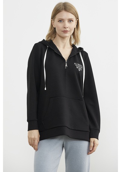 Yarım Fermuarlı Kapüşonlu Sweatshirt - Siyah Ekru