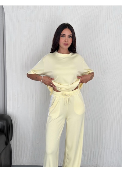 Elaxi Modal Şeritli Yırtmaç Detaylı Pantolon Tişort Takım Sarı
