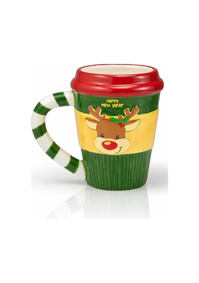 Yılbaşı Temalı El Yapımı Geyik Kupa, Hediyelik Kupa, Mug, 400 Ml Beyaz