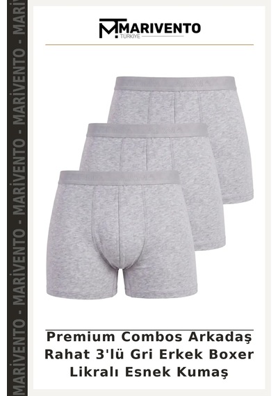Marivento Premium Combos Arkadaş Rahat 3'lü Gri Erkek Boxer Likralı Esnek Kumaş