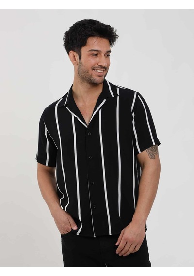 Dufy Siyah Erkek Regular Fit Çizgili Düğmeli Yaka Kısa Kol Gömlek - 94940-siyah Siyah