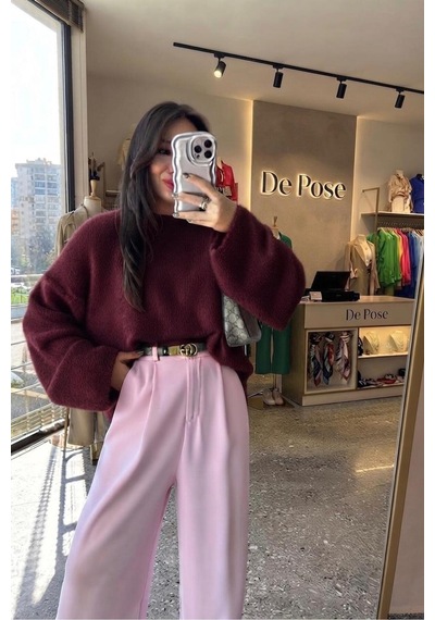 De Pose Kadın Triko Peluş Kazak Bordo
