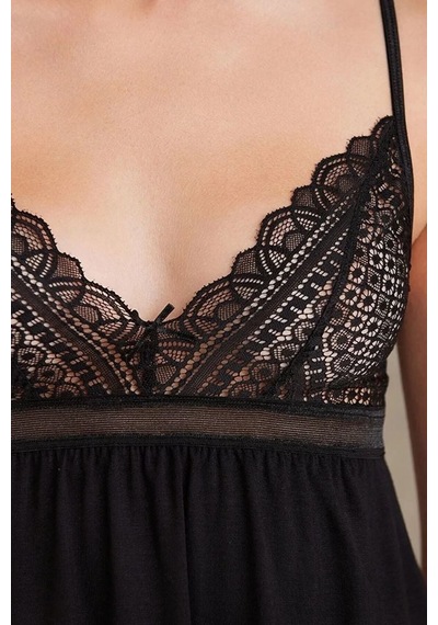 Pierre Cardin 2820 Kadın Siyah Dantelli Penye 3'lü Sabahlıklı Pijama Takım 001