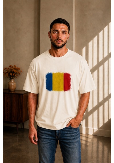 Sngl Tekstil Erkek Oversize Romanya Bayrak Baskılı Kısa Kollu Tişört S M L Xl 2xl Ekru