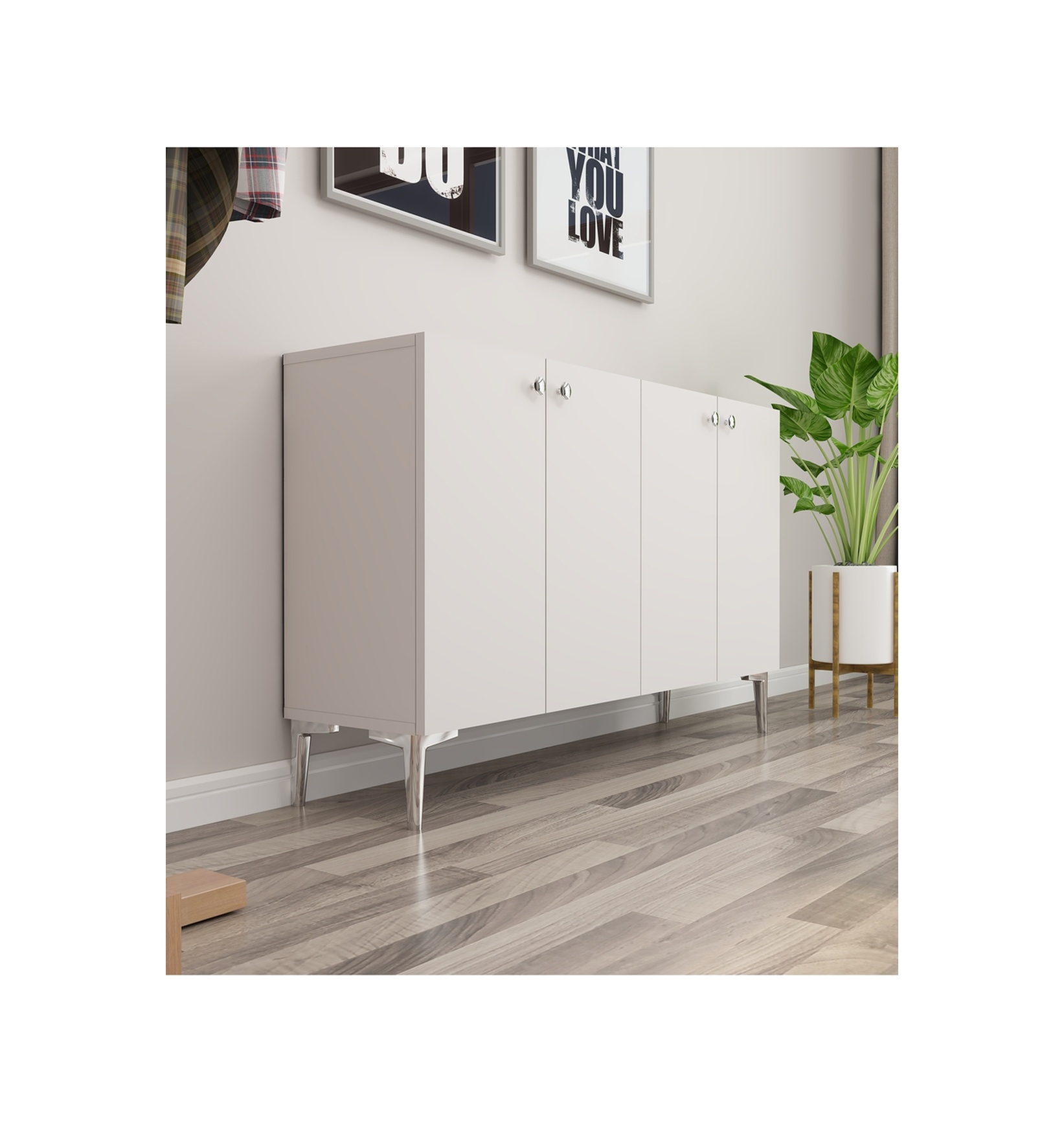 Onna 120 Cm Konsol, Tv Ünitesi, Çok Amaçlı Dolap Beyaz-gümüş Beyaz-gümüş