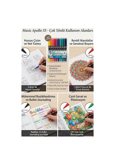 Fineliner 10 Lu Çift Taraflı İnce Uçlu Kalem 1 Paket Masis 10 Renk 04-1.0 Mm Keçe Uçlu Kalem Renkli İşaretleme Yazı