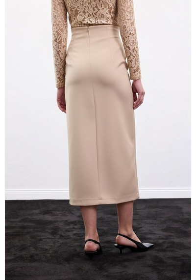 Sateen Yırtmaçlı Midi Etek - Bej-136985 Bej