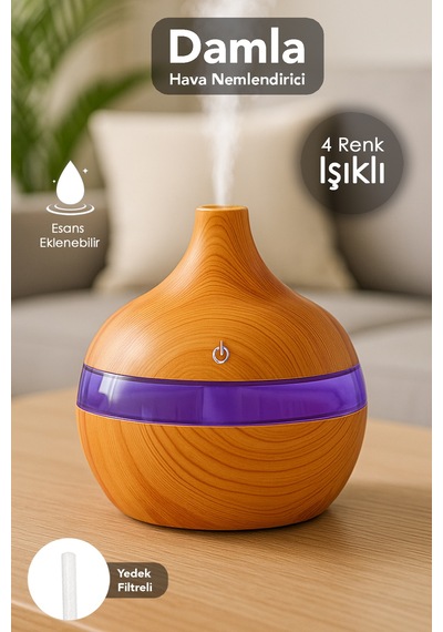 Damla Hava Nemlendirici - 300 Ml Işıklı Buhar Makinesi Humidifier Aroma Difüzörü Açık Kahve