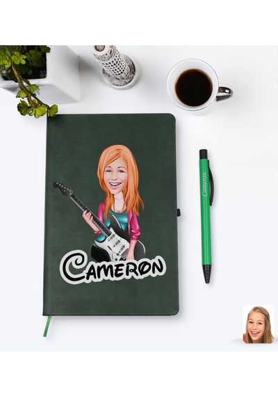 Kişiye Özel Kadın Gitarist Karikatürlü Yeşil Termo Deri Defter Ka