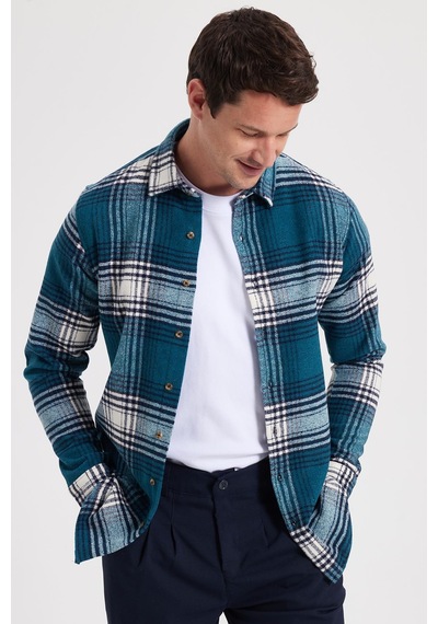 Tudors Erkek Slim Fit Dar Kesim Kareli Kışlık Oduncu Gömlek-42374 Petrol