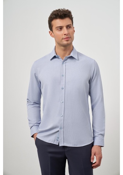 İmza Koyu Mavi Uzun Kol Kendinden Desenli Armürlü Sert Yaka Cepsiz Pamuklu Classic Slim Fit Gömlek 1004245161 Koyu Mavi