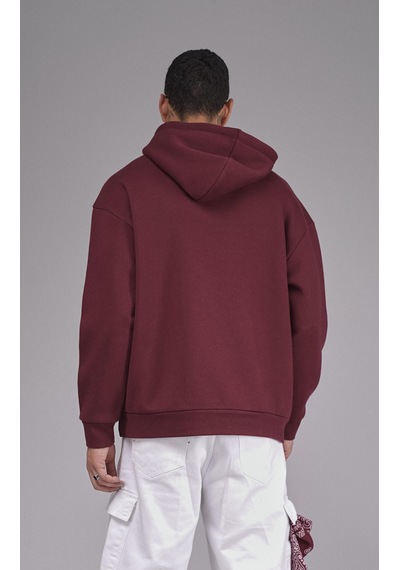 Kapuşonlu Baskılı Oversize Kalıp Unisex Hoodie Sweatshirt Bordo