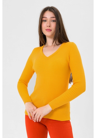 Miss Poem Kadın V Yaka Slim Fit Fitilli Uzun Kışlık Sarı Triko Kazak Sarı