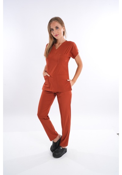 Unisex Kiremit Soft Likra Hemşire Doktor Cerrahi Nöbet Üniforma Takım Kiremit Kiremit