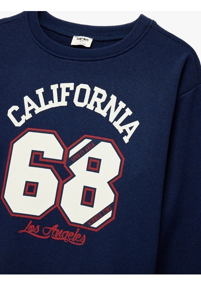 Koton Erkek Çocuk Uzun Kollu Bisiklet Yaka Baskılı Şardonlu Sweatshirt Lacivert