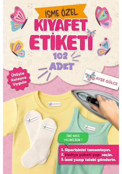 Kıyafet Etiketi - Okul Kıyafetlerine Kişiye Özel 30 Saniyede Kolay Uygulama Yıkanabilir - Kelebekler Beyaz