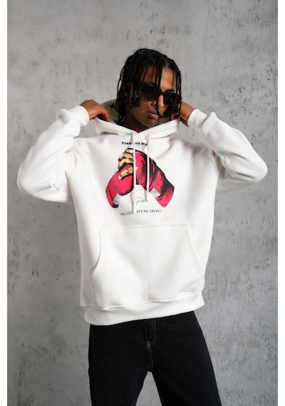 Erkek Kapüşonlu Cepli Boks Eldiven Baskılı 3 İplik Sweatshirt Hoodie - Beyaz