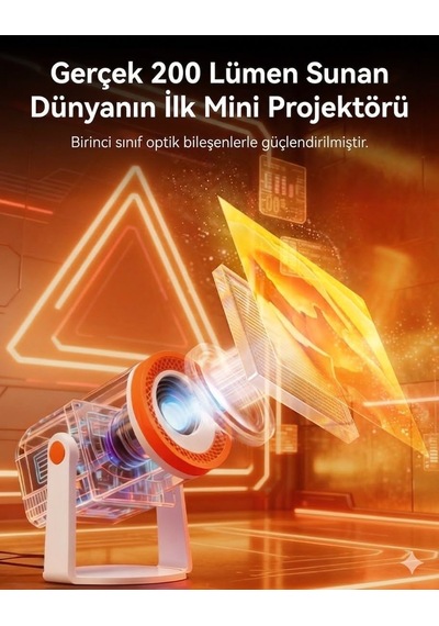 Turn1 Akıllı Android 14 Mini Projektör, 720p Çözünürlük, 200 Ansı Lümen, Wi-fi 6, 4k Destekli, Otomatik Düzeltme, Turuncu, Ev Sineması