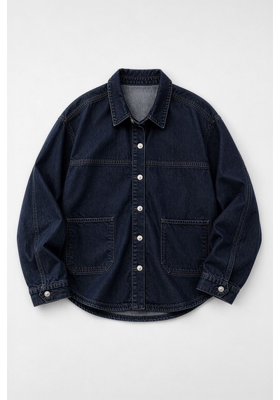 Kadın Gömlek Yaka Oversize Lacivert Jean Ceket Lacıvert