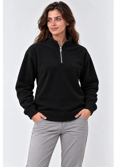 DefyModa Polar Dik Yaka Yarım Fermuarlı Uzun Kollu Regular Fit Kışlık Sweatshirt - Siyah
