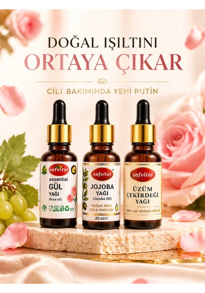 Gül+jojoba+üzüm Çekirdeği Yağı Cilt Bakım Yağ Seti 3 Lü Işıltı Ve Nem Desteği 3x20 Ml