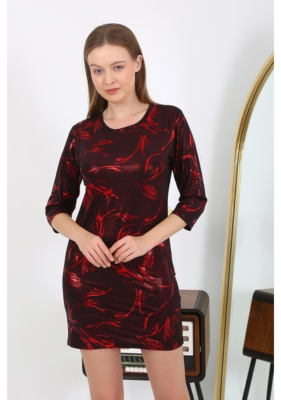 Modi Moda Çizgi Kadın Micro Kumaş Mini Parlak Elbise 7421 Kırmızı