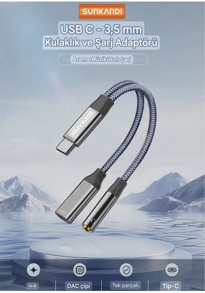 Sunkandı 2'si 1 Arada Type-c To 3.5mm+60w Hızlı Şarj Ve Kulaklık Çevirici Dac Çip+hi-fi Ses Teknolojisi Ce Lisanslı Sertifikalı Hasır Örgülü Sağlam Kablo Gri