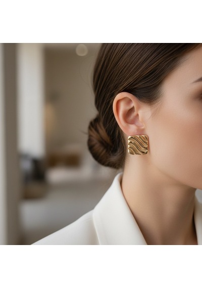 Lente Aksesuar Modern Dalga Dokulu Kare Küpe - Günlük Ve Özel Gün Şıklığı Retro Küpe Gold