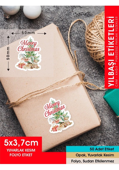 Yılbaşı Ağacı Etiket - 1 , Merry Christmas, 5 Cm - 50 Adet Folyo Sticker Çok Renkli