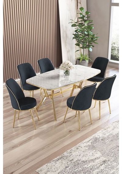 Canisa Lena Serisi 90x160 Lak Panel Beyaz Mermer Desen Gold Ayaklı Masa Takımı Ve 6 Antrasit Sandalye Beyaz Canisa Lena Serisi 90x160 Lak Panel Beyaz Mermer Desen Gold Ayaklı Masa Takımı Ve 6 Antrasit Sandalye Beyaz