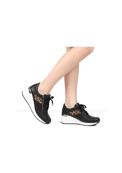 Kadın Siyah Bağcıklı Dolgu Topuklu Deri Sneaker